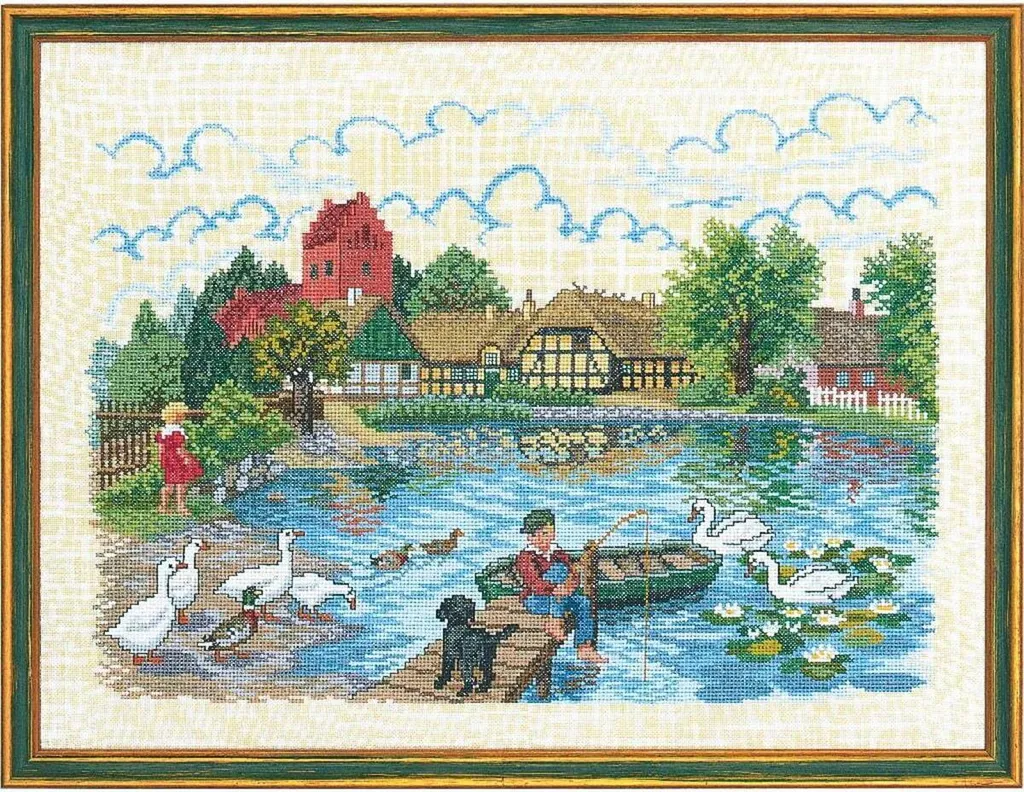 Eva Rosenstand Dorfteich 2 Kit Point de Croix Compté en Lin 69x50cm