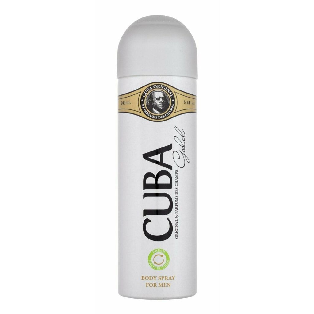 A white spray can with a gold and black label, featuring the brand name 'CUBA GOLD' and text indicating it is a body spray for men.