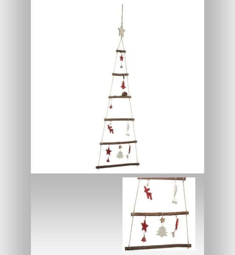 A hanging Christmas tree decoration made of wooden branches and string, adorned with small ornaments.