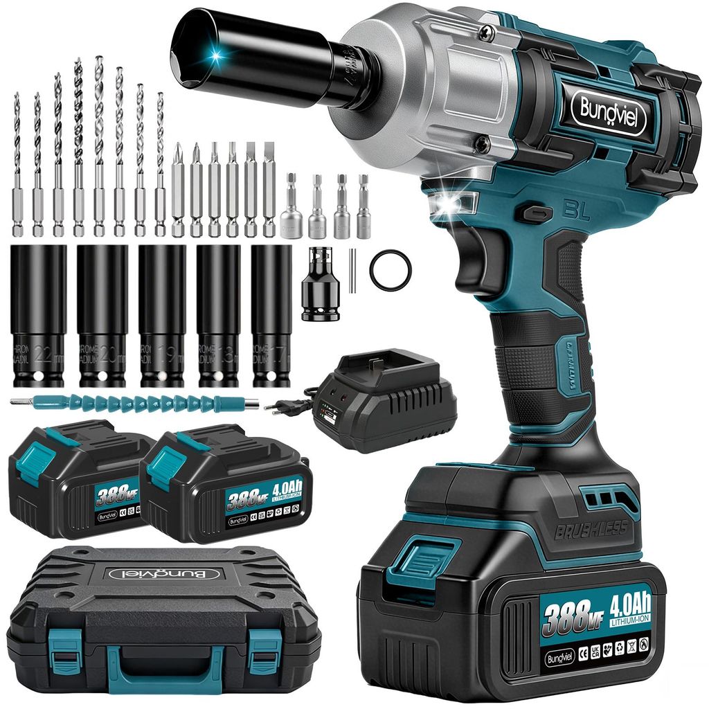 Akku Schlagschrauber 1000Nm, 21V Bürstenloser Drehschlagschrauber mit 2x 4.0Ah Akku, 1/2 Zoll Impact Wrench Set für LKW, PKW, Traktor & Reifenwec...