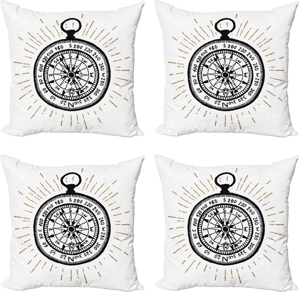 ABAKUHAUS Kompass Kissenbezug Set (4 Stück), Vintage Sea Navigation, Moderner Doppelseitiger Digitaldruck, 45 cm x 45 cm, Schwarz-Weiss