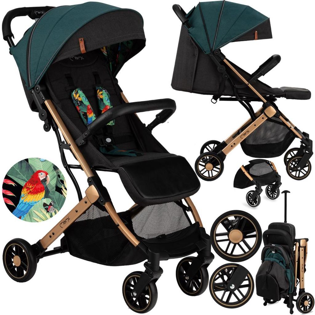 A collage of images showcasing a baby stroller in different configurations and close-ups of its features, along with a graphic of a parrot.