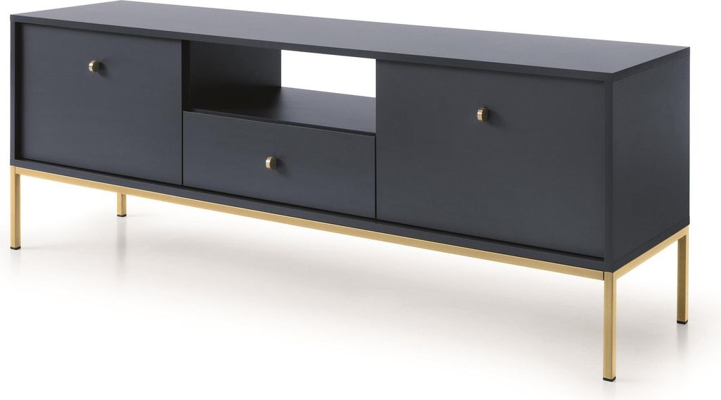 2-türig TV-Schrank aus Metallbeine Vintage Lowboard mit goldenen Griffen B 153 x H 56 x T 39 cm Dunkelblau Fernsehschrank, Farbe: Dunkelblau, Bein...