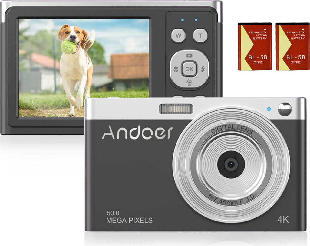 Andoer Kompakte 4K-Digitalkamera, Video-Camcorder, 50 MP, 2,88 Zoll, IPS-Bildschirm, Autofokus, 16-facher Zoom, Anti-Shake-Gesichtserkennung, Smile...