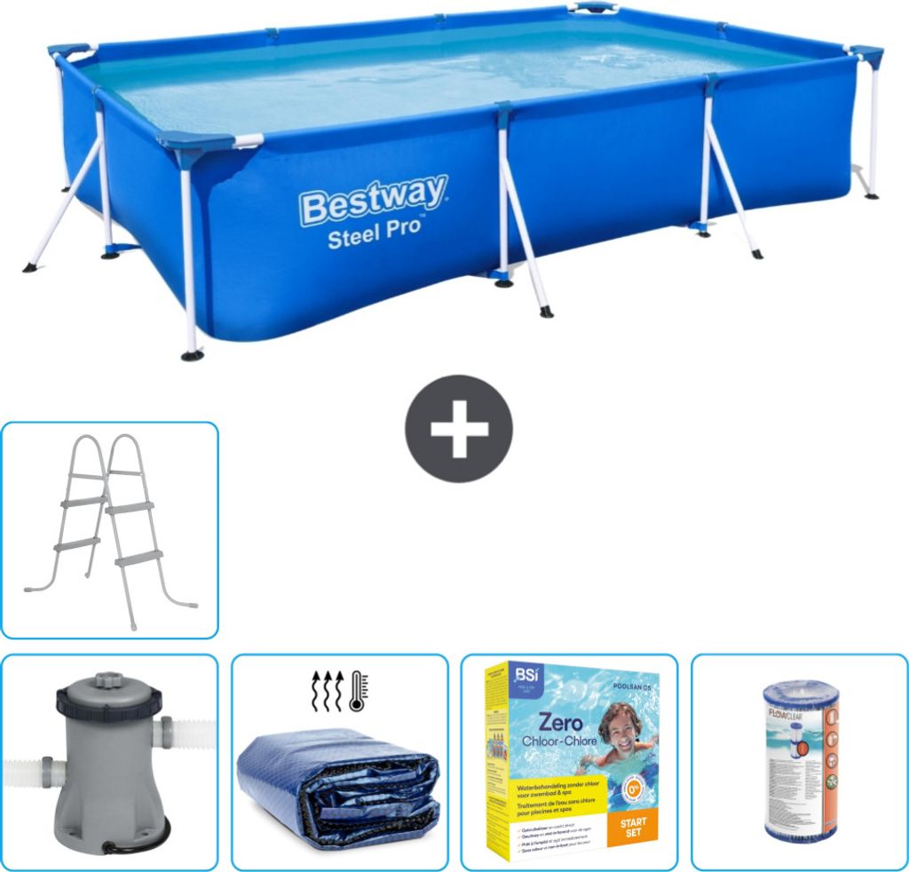 Bestway Rectangular Steel Pro Swimmingpool – 300 x 201 x 66 cm – Blau – inklusive Pumpe Sonnensegel - Wartungspaket - Filter - Leiter