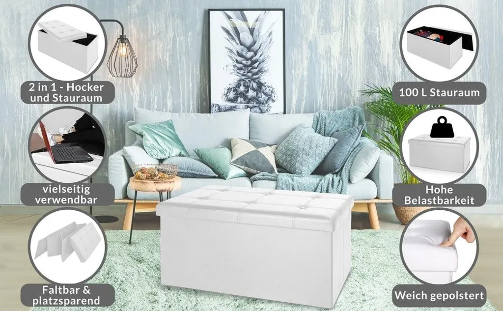 Banc de rangement en MDF blanc 80 x 40 x 40 cm pliable pour salon