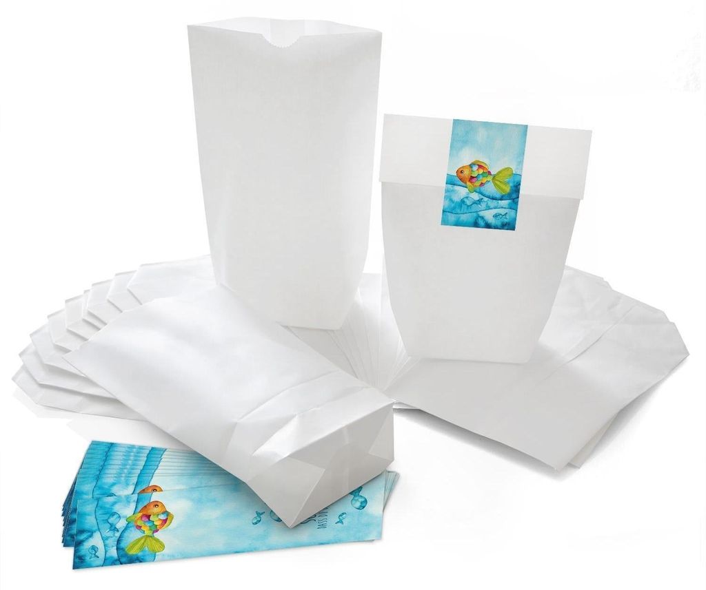 10 kleine weiße Papier-Tüten 14 x 22 x 5,6 cm + 10 blau türkise Regenbogen-Fisch SCHÖN DASS DU DA BIST Aufkleber 5 x 15 cm Verpackung give-away...