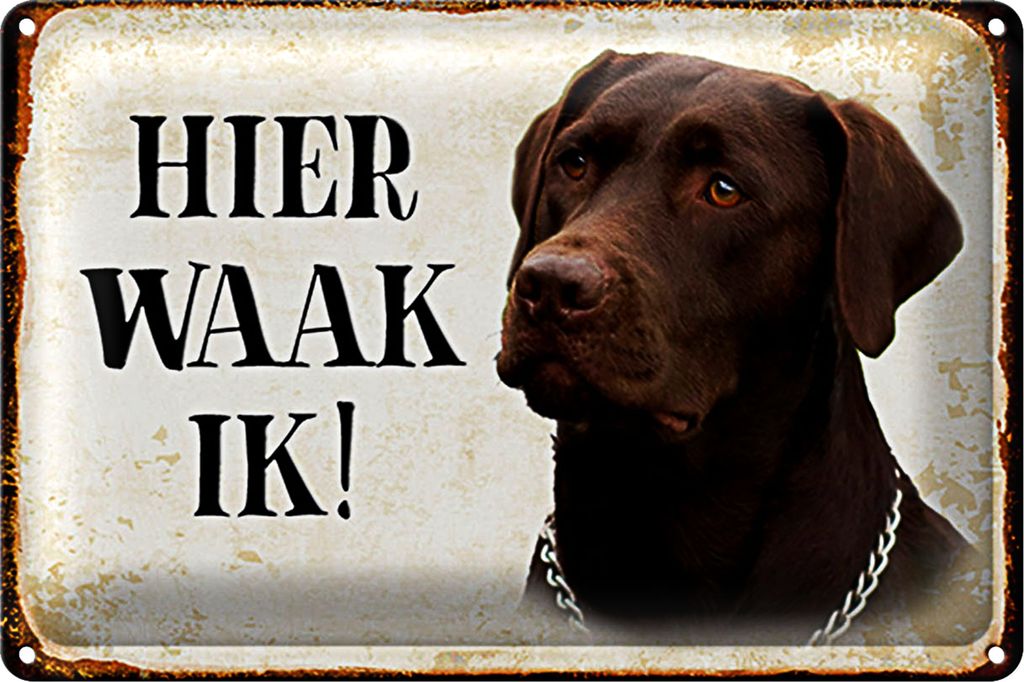 Blechschild Spruch 18x12cm holländisch Hier Waak ik brauner Labrador