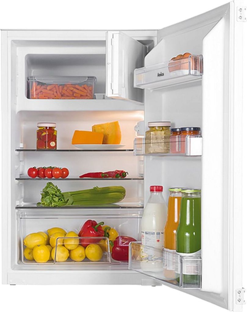 An open refrigerator filled with various food items.
