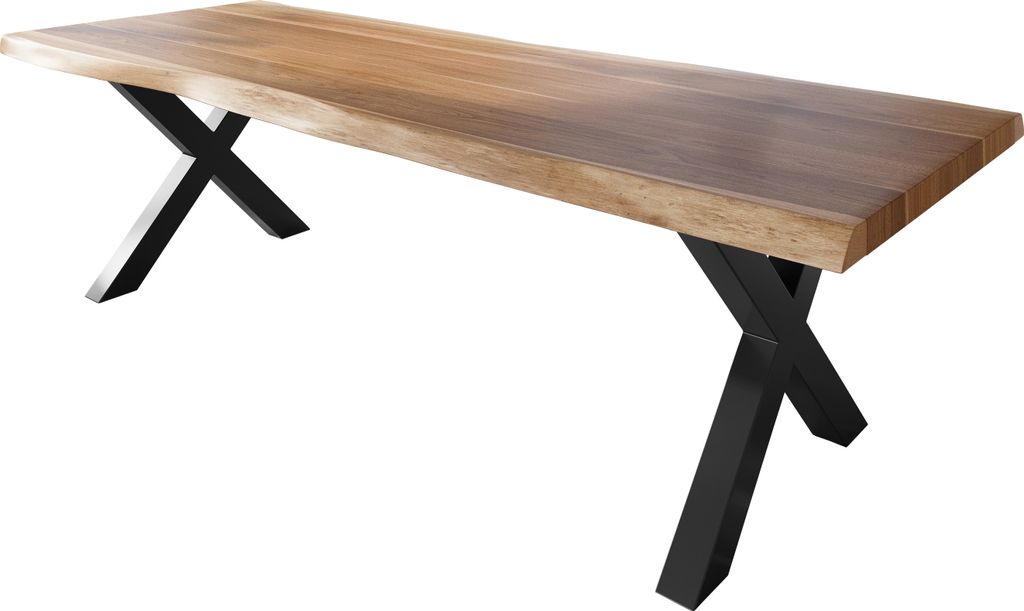 Esstisch Baumkante massiv Akazie natur 280 x 120 X-Gestell Metall schwarz TITAN