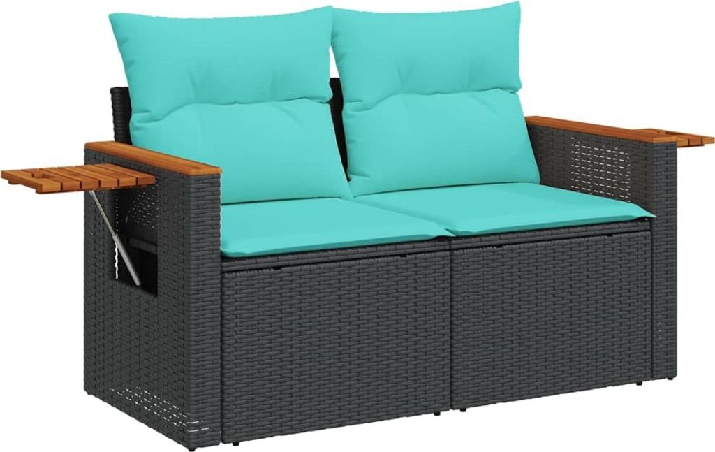 Gartensofa mit Kissen 2-Sitzer Schwarz Poly Rattan