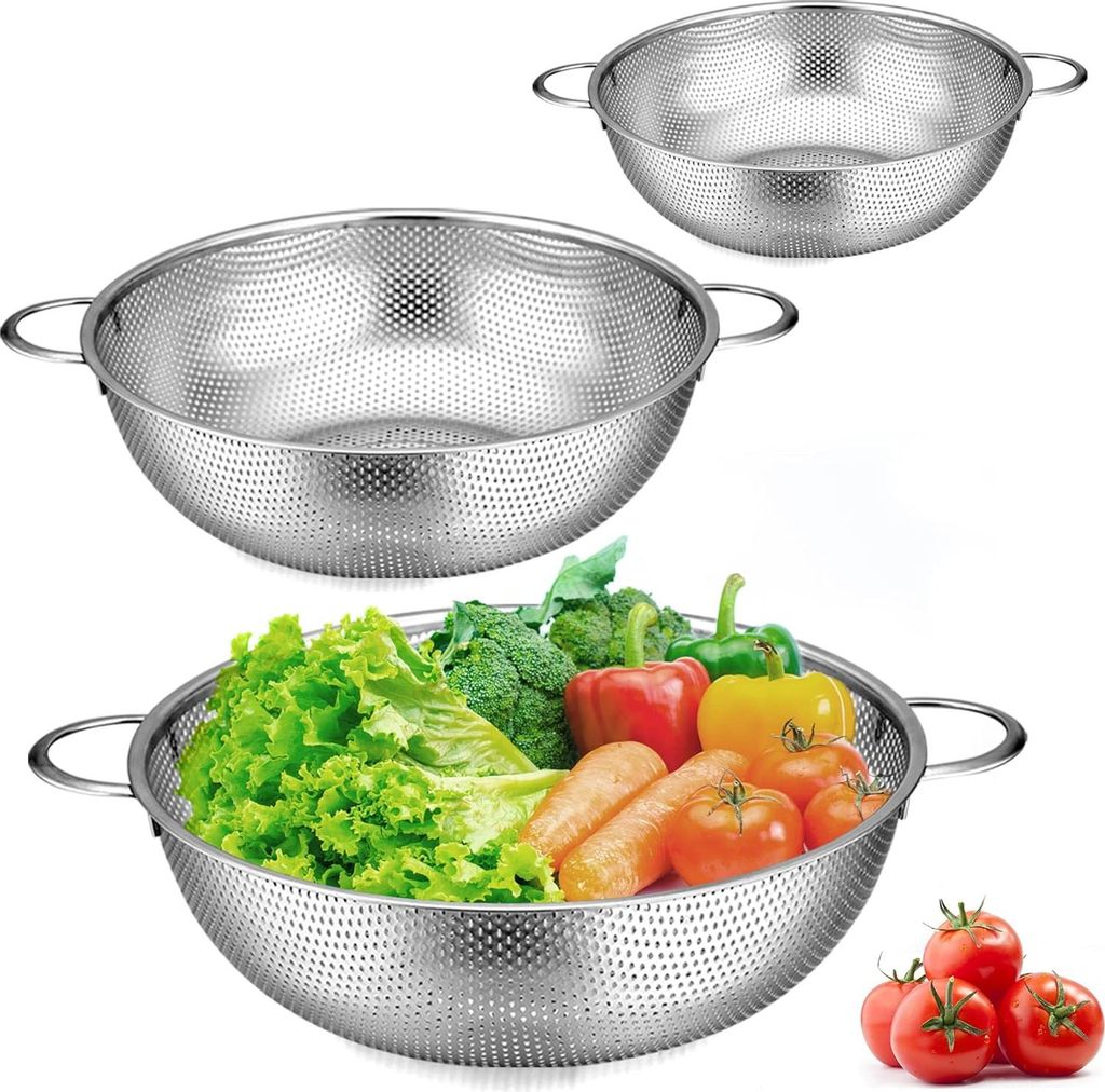 3-teilige Edelstahl-Küchensieb-Set mit Griffen - mikroperforiert - Pasta, Reis, Obst, Gemüse - abtropfen, abtropfen