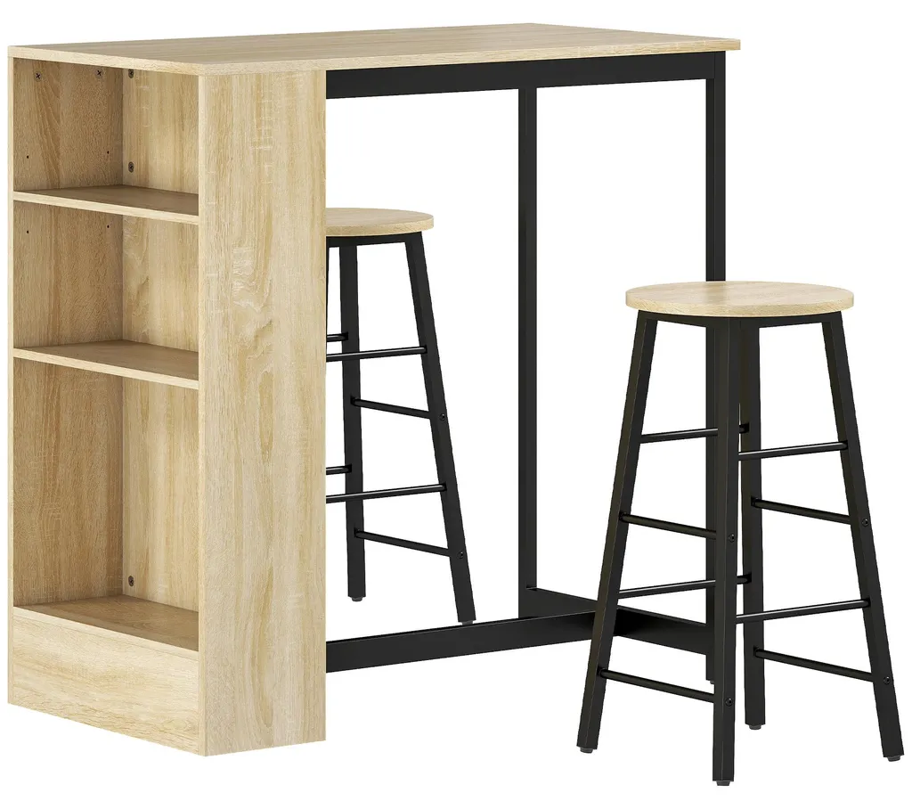 Mange-Debout avec 2 Tabourets et Compartiments de Rangement, Bois et Noir - 12