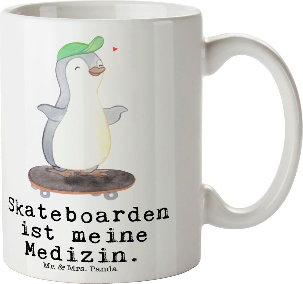 Mr. & Mrs. Panda Kaffeetasse Pinguin Skateboarden - Weiß - Geschenk, Pott, Teetasse, Skateplatz, Skateboard, Tasse, Skaten, Kaffeebecher, fahren, ...
