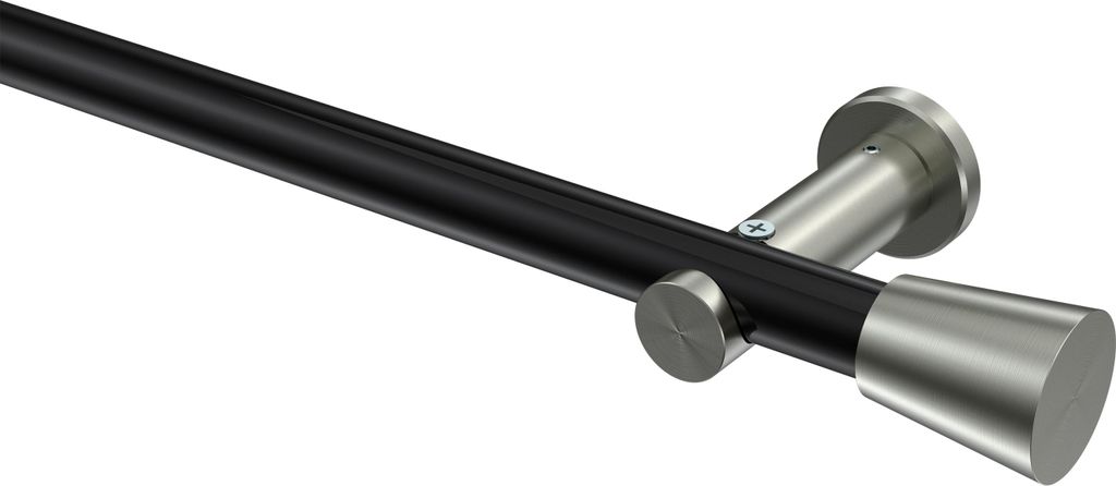 Interdeco Gardinenstange / Vorhangstange Schwarz / Edelstahl-Optik, Typ Platon Sitra (Konus) ohne Ringe, 20 mm Ø 1-läufig, 280 cm