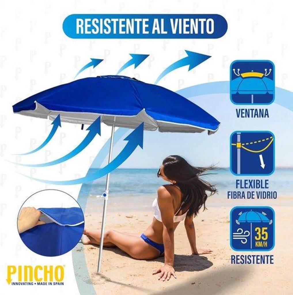 Große Strandsonnenschirm Ø 200 cm windfest UV-Schutz 50 hochwertige Materialien Aluminiumrohr Glasfaserstangen Liegestange