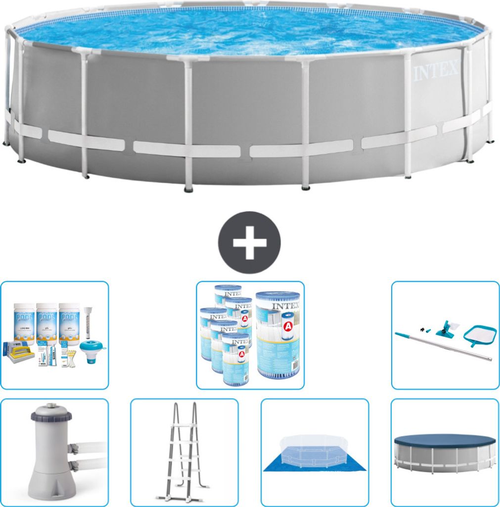 Intex Round Prism Frame Swimming Pool – 457 x 122 cm – Grau – inklusive Pumpe – Leiter – Bodenplane – Abdeckung Wartungspaket - Filter ...