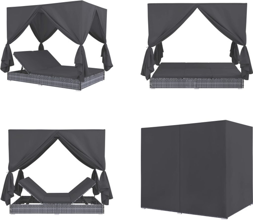 vidaXL Outdoor Lounge Bett mit Vorhängen Poly Rattan Grau - Produktbild 