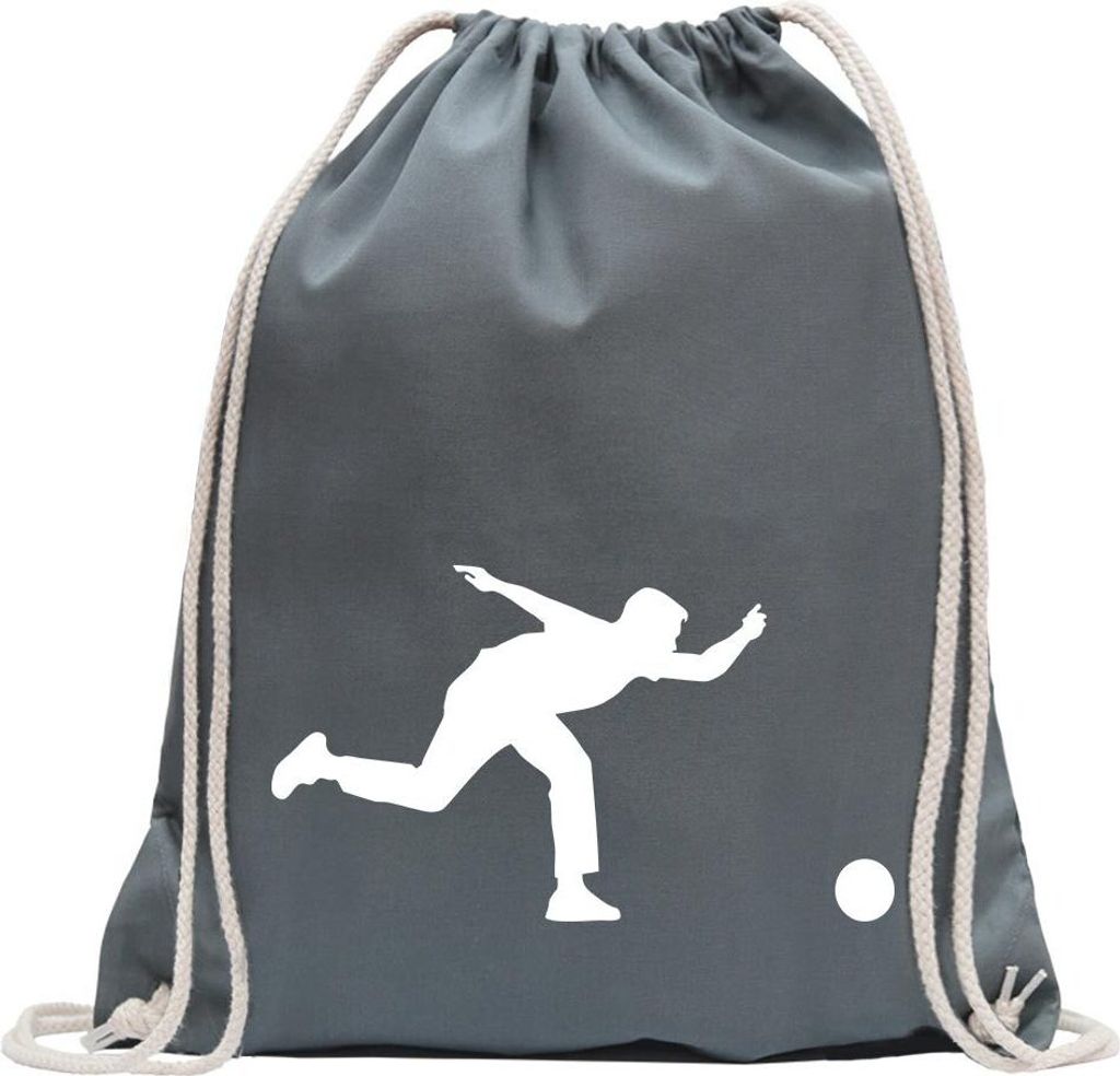 Kiwistar - Turnbeutel - stahlgrau - Bowling Kegeln Figur Spieler - Fun Rucksack Sport Beutel Gymsack Baumwolle mit Ziehgurt