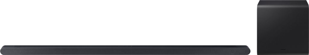 A black soundbar and a black subwoofer are shown against a white background.