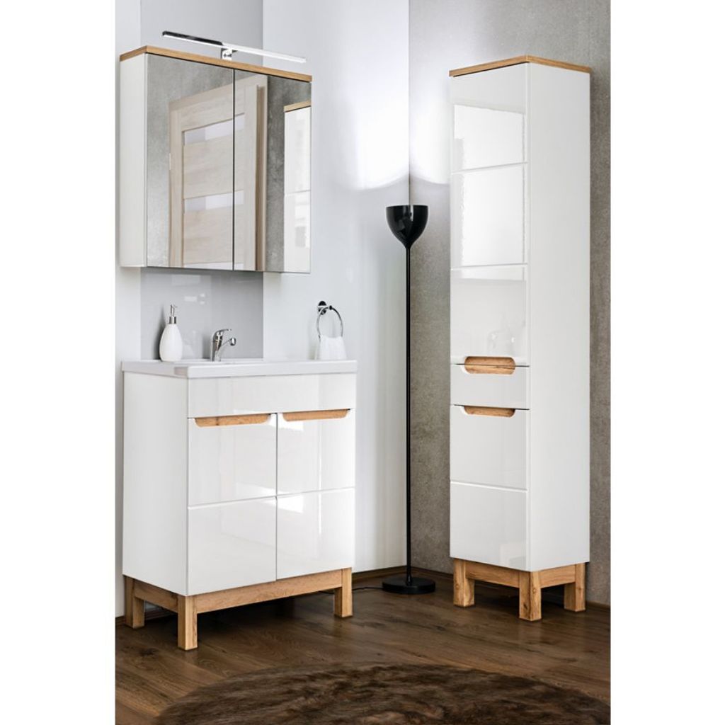 Badmöbel Set mit 60cm Waschtisch & Spiegelschrank und Hochschrank SOLNA-56 in Hochglanz weiß, B/H/T ca.: 110/200/46 cm