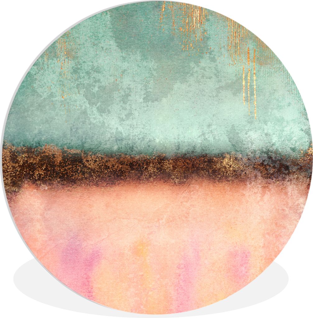 MuchoWow Rundes Wandbild - Runde Bilder Gold - Farbe - Abstrakt - Grün - Rosa Ø 60 cm Kreis Wanddekoration Kunststoff - Wandkreis - Wandschmuck...