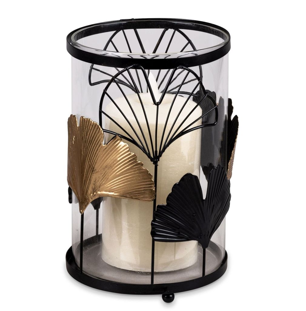 Formano Windlicht Gingko Schwarz-Gold 16cm - Metall Kerzenhalter mit Glaseinsatz
