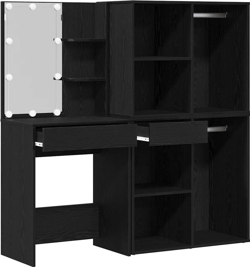 LED Schminktisch Set Schwarz Eichen-Optik 140 x 40 x 140 cm