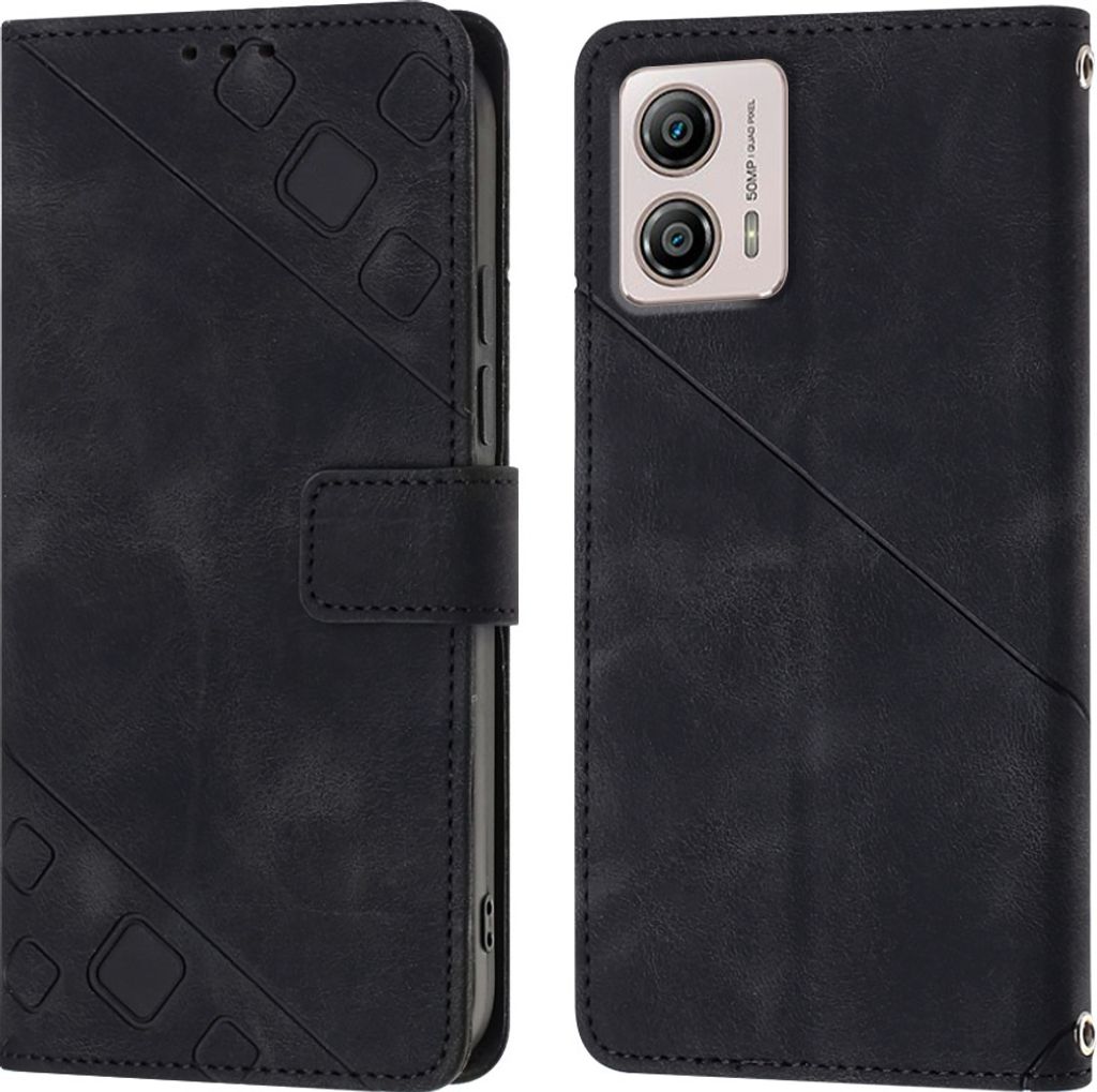 Hülle für Motorola Moto G53 Prägung Flip Leder Brieftasche Schutzhülle mit Ständer Schwarz