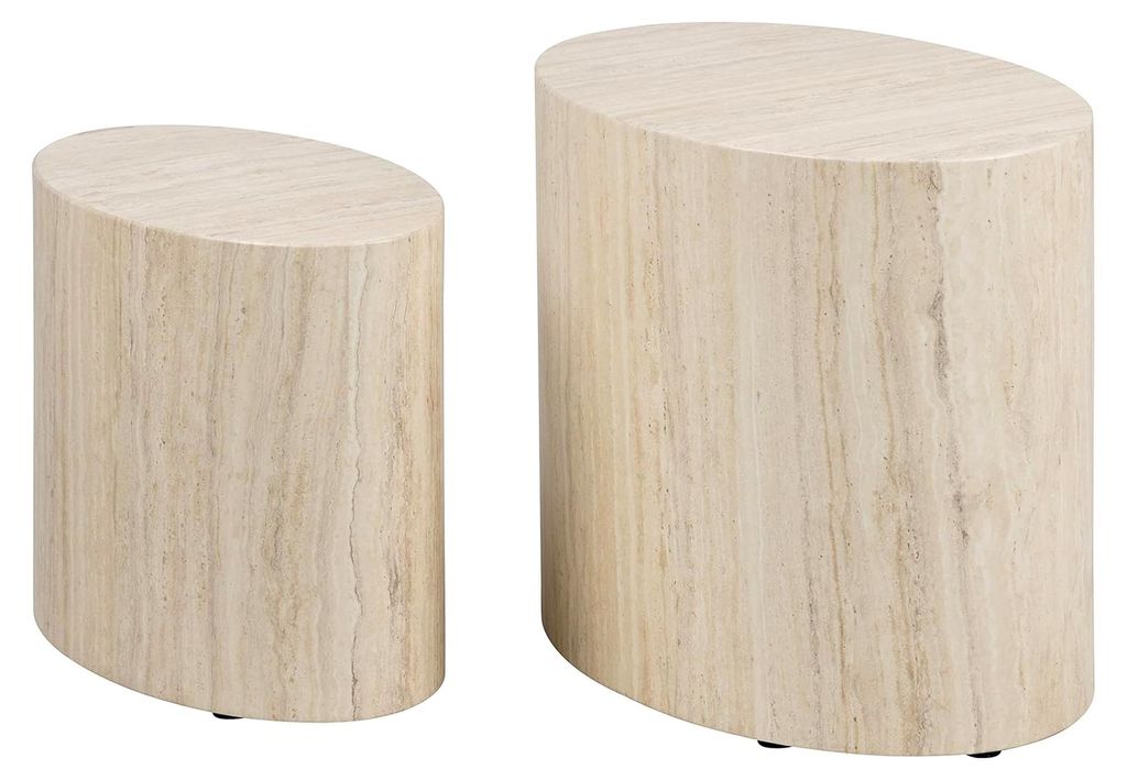 Couchtisch-Set in Beige Travertin-Optik, Platzsparende Ovale Beistelltische für das Wohnzimmer, Maße: 48 x 40 x 33 cm und 40 x 33 x 24,5 cm