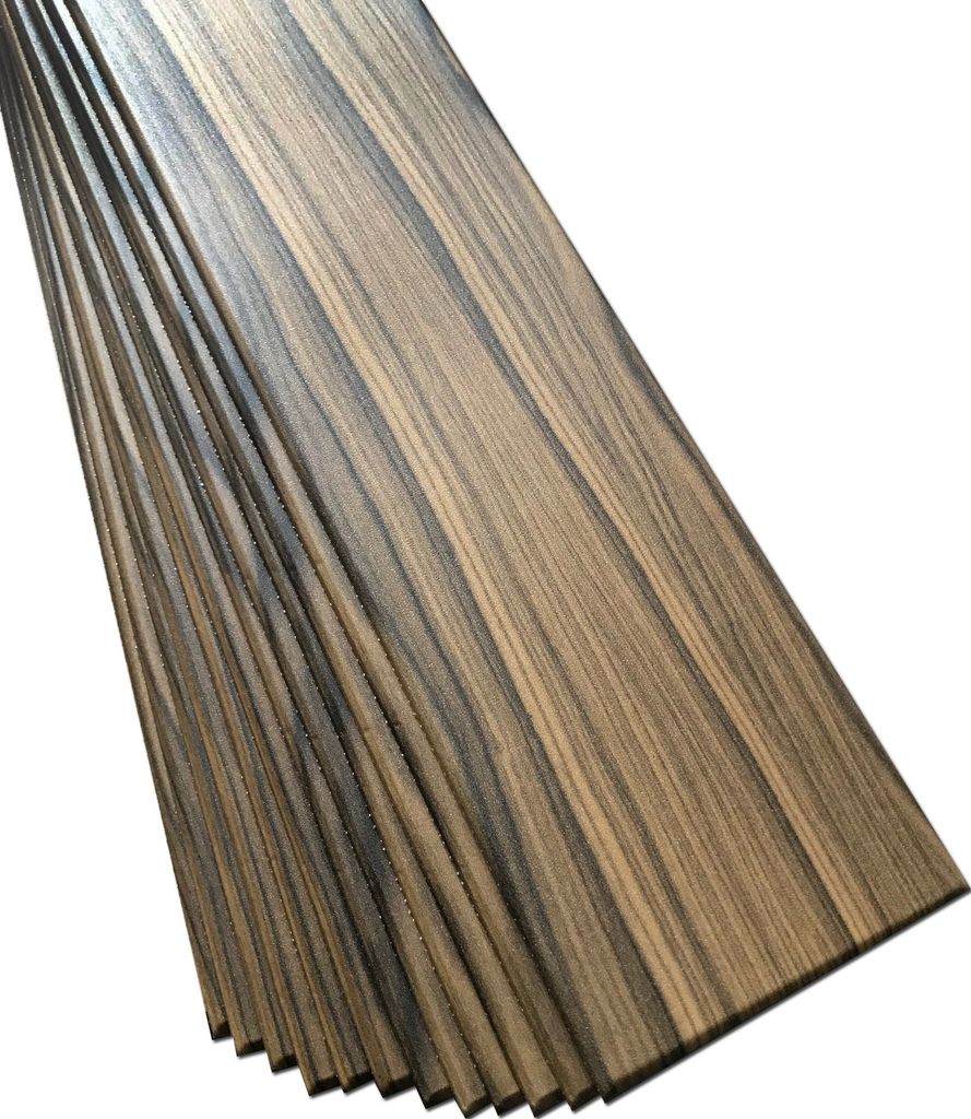 A stack of wooden planks with a dark and light striped pattern, arranged diagonally against a white background.