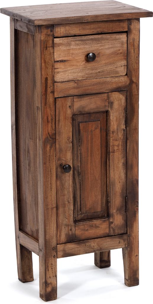 A tall, narrow wooden cabinet with a single drawer and a single door.