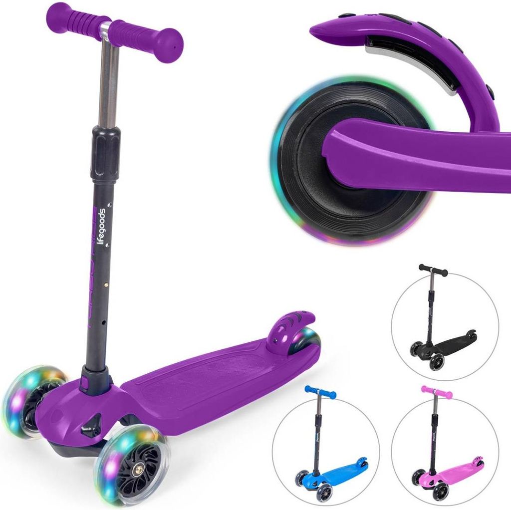 LifeGoods Kinderroller - Roller 5-8 Jahre - 3 Leuchtende LED-Räder - Höhenverstellbar - Jungen/Mädchen - Lila