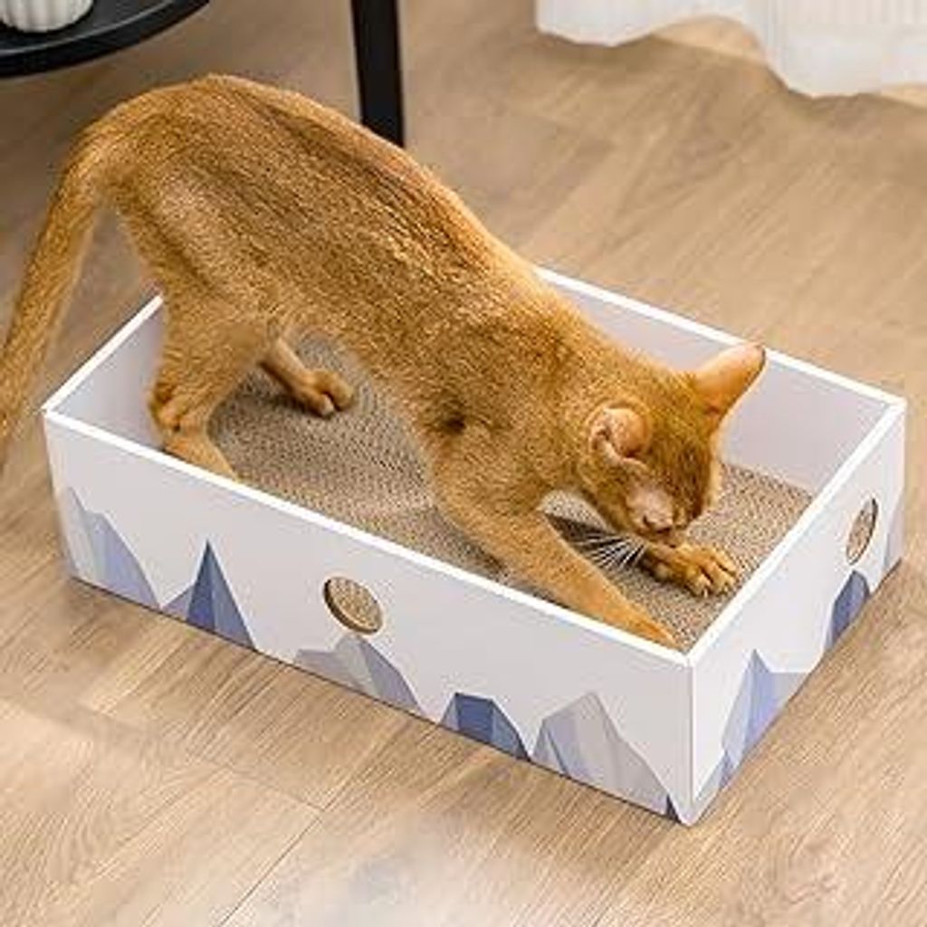 Conlun Katzen Kratzbrett mit Box, Großes Kratzmöbel, Beidseitige Kratzpappe für Katzen, Interaktive Öffnungen, Kratzbett für Wohnungskatzen, m...