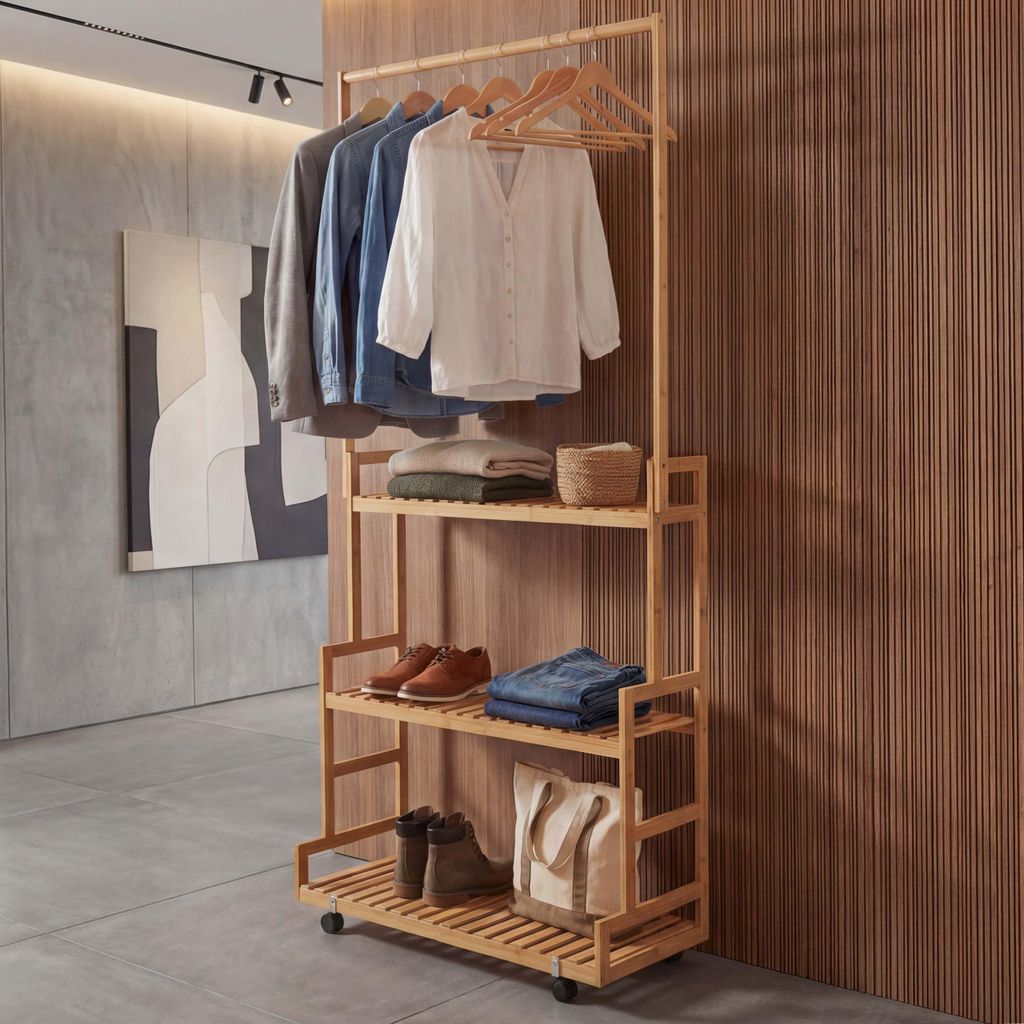 Bambus Standgarderobe HWC-Q33, Garderobenständer Kleiderständer Schuhregal, Stange 3 Ablagen Rollen 175x93x38cm natur