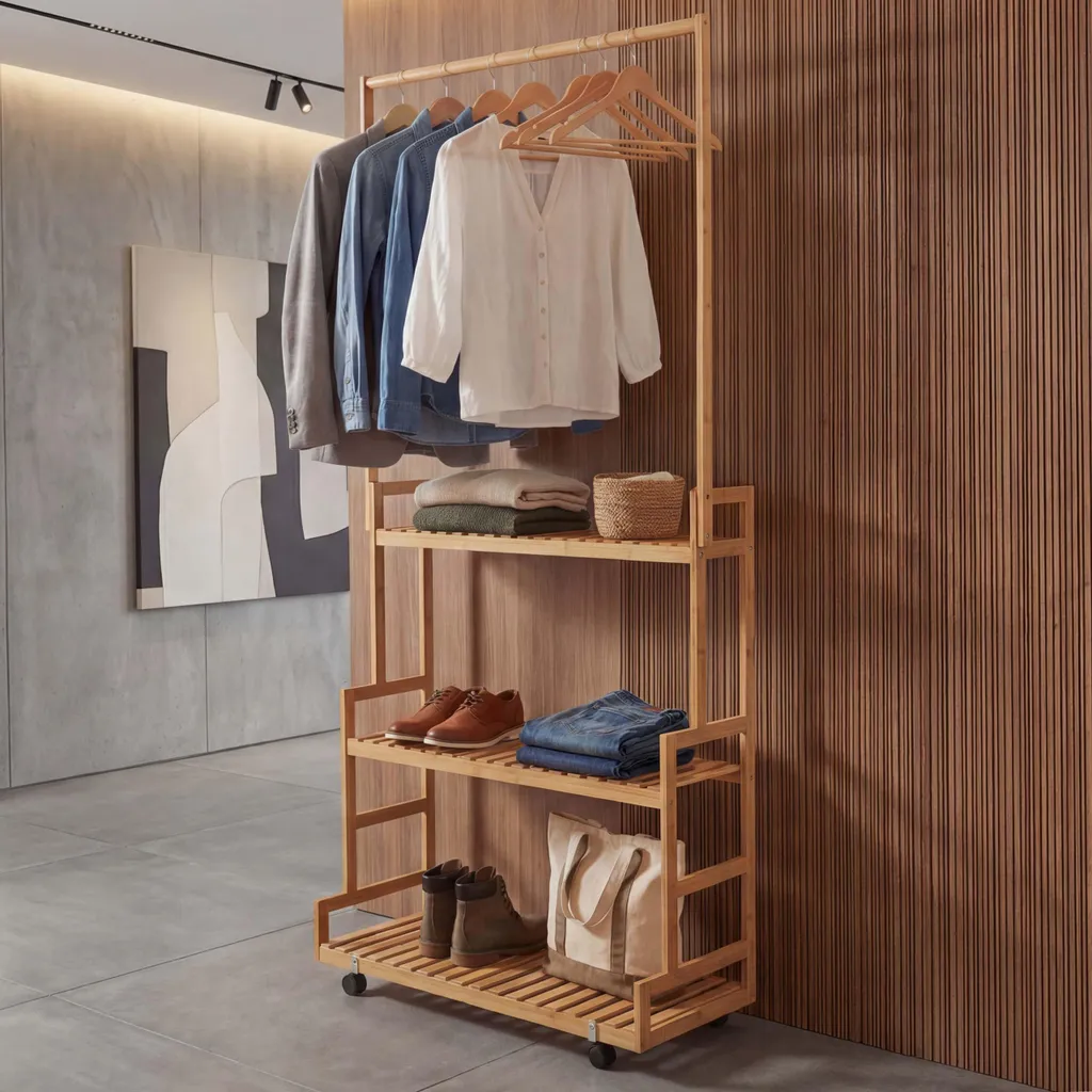 Vestiaire d'entrée en bambou 175cm, penderie mobile avec 3 étagères bois