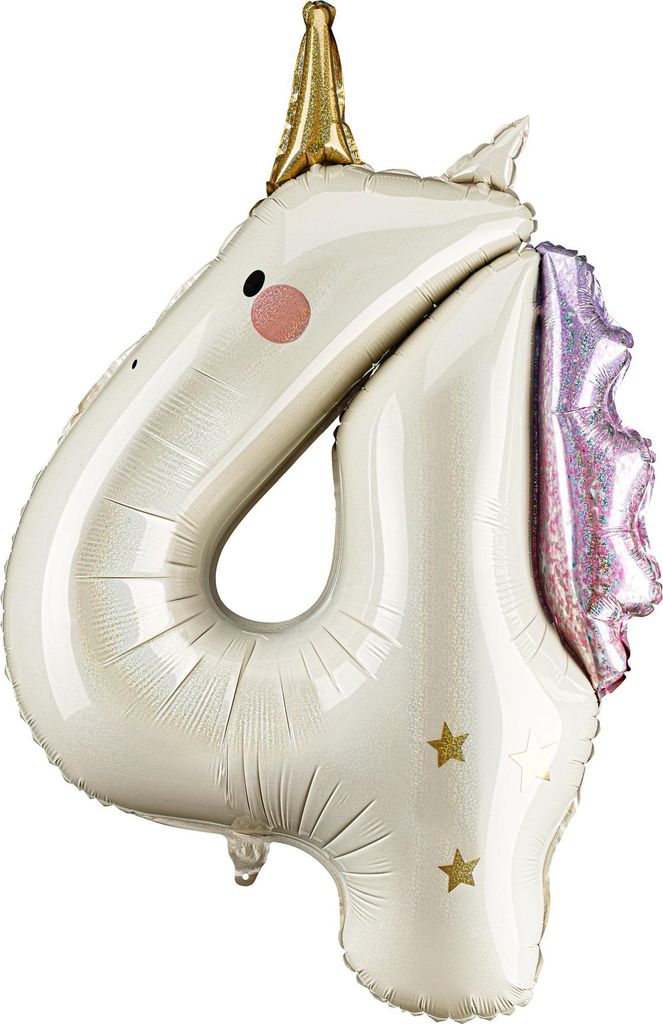 Folienballon „Ziffer 4“ – Einhorn, cremefarben, rosa-gold, Produktbild 