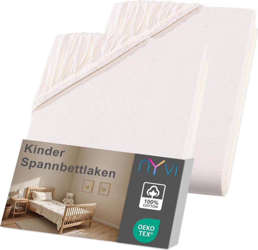 NYVI Kinder Spannbettlaken Junior 70x140 cm natur 2er Set für Kinderbettmatratzen bis 12cm Höhe - Weich & Anschmiegsam, Rundumgummizug, Bügelfrei