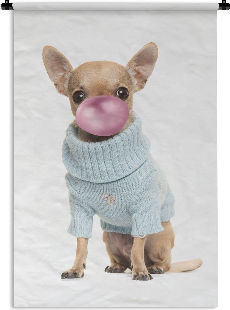 MuchoWow Wandteppich Wandbehang Hund - Kaugummi pusten - Chihuahua - Spaß für Kinder - Mädchen - Jungen - Kinder 60x90 cm Tapisserie Dekoratio...