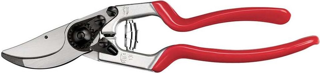 A pair of red-handled pruning shears is shown against a white background.