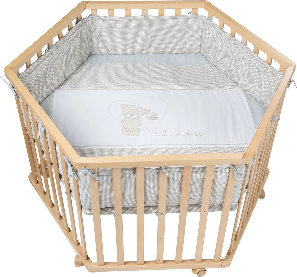 Parc bébé hexagonal Roba Liebhabbär en bois blanc avec fond réglable