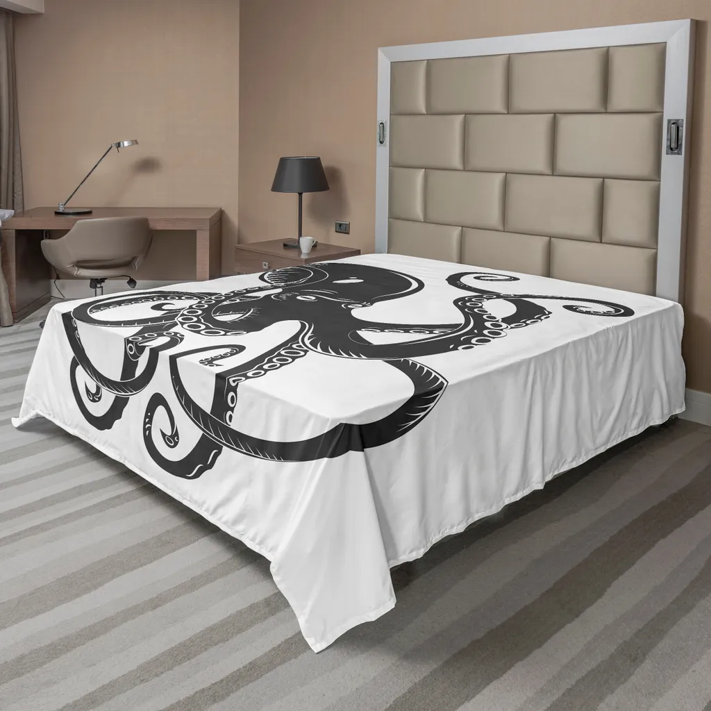 Drap de lit pour décoration de chambre océan, Pieuvre Noire 266x260 cm