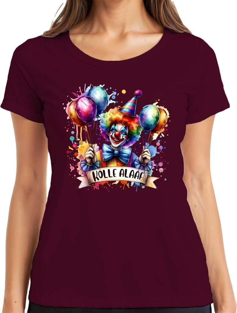 Kölle Alaaf Karneval Köln Clown Luftballons bunt Fasching Damen T-Shirt, Burgundy, L