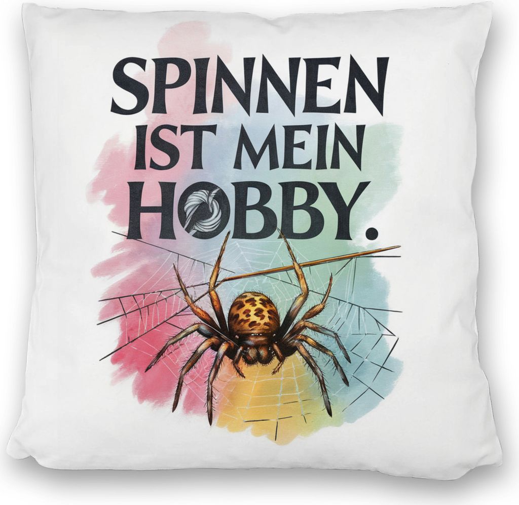 Spinnen ist mein Hobby Kissen satiniert - Spinne strickt Netz
