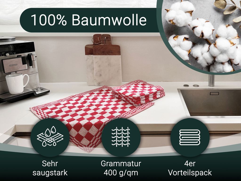 Rotes kariertes Frottee Küchenhandtuch Set (4 Stück)