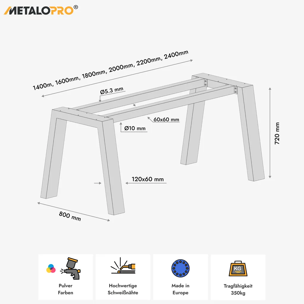 Structure de table stable avec patins de table noirs anti-rayures