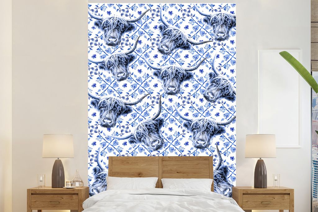 MuchoWow Fototapete für Wohnzimmer oder Schlafzimmer Wandtapete Vinyl Motivtapete Schottischer Highlander - Tiere - Delfter Blau - 155x240 cm - ...