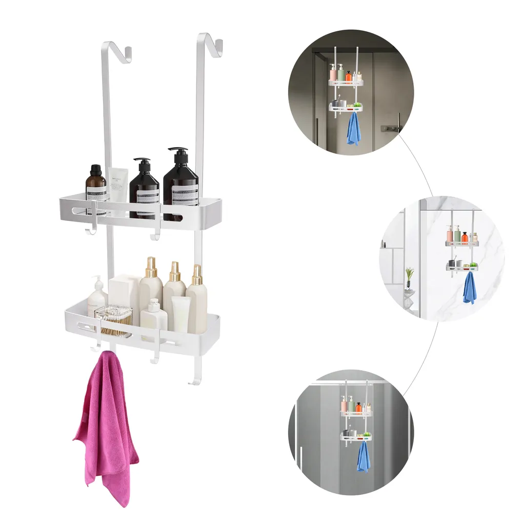 Étagère murale de douche 2 niveaux métal argenté sans perçage 73 cm