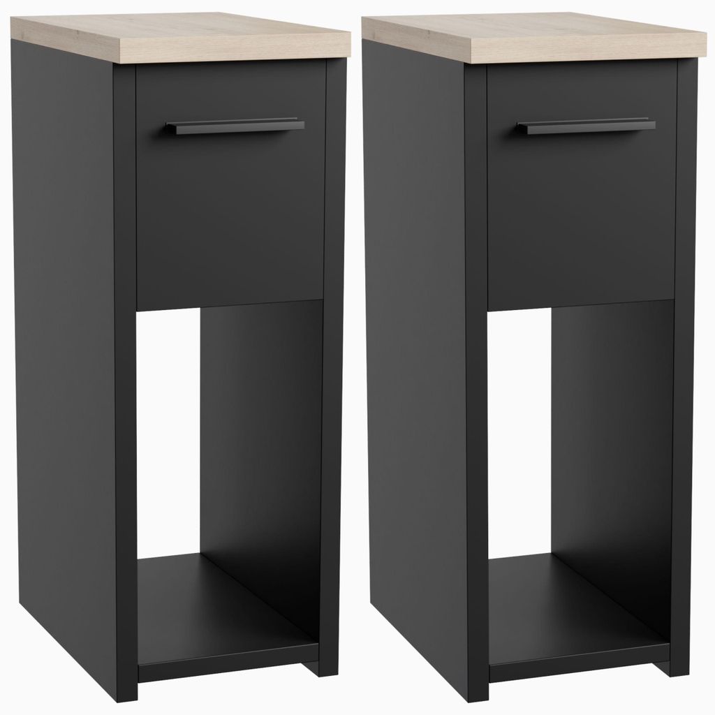 Nachttisch Beistelltisch 2er Set schmal schwarz - 20x30,5x55 cm mit Schublade Ablage