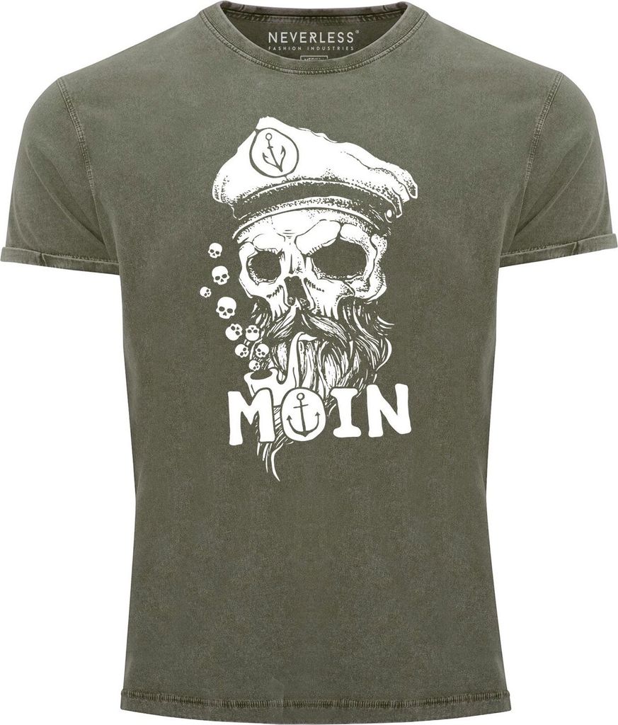Herren Vintage Shirt Moin Kapitän Totenkopf Anker Bart Hamburg Printshirt T-Shirt Aufdruck Used Look Neverless oliv L